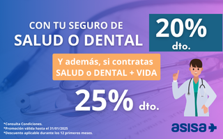 Descuento del 20% durante los 12 primeros meses, al contratar tu seguro de salud o dental con Asisa. Vlido hasta el 31 de enero de 2024.